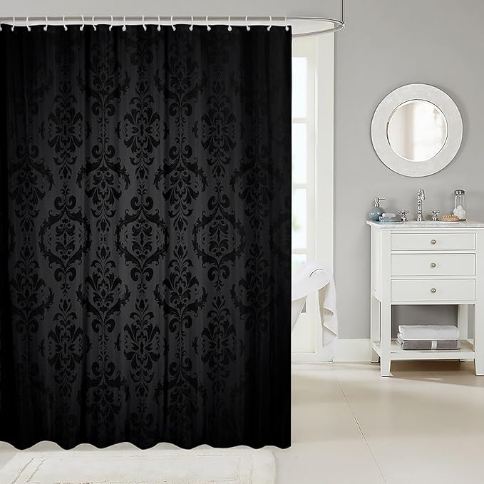 Feelyou Black Damask Pattern Shower Curtain 72"x72" Kids Vintage Floral Bathroom Shower Curtain Set for Boys Girls Teens Antique Victorian Baroque Bath Curtain Baroque Style Bathroom Accessories