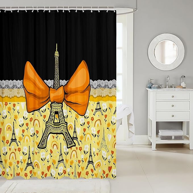 Feelyou Eiffel Tower Shower Curtain 72"x78" Kids Romantic Paris Bowknot Bathroom Shower Curtain Set for Boys Girls Teens Black Yellow Bath Curtain Modern French Bathroom Accessories