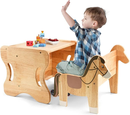 Grebarley Montessori Weaning Table and Chair Set, Solid Wood Tables and Chairs for Toddlers Age 1-3, Real Hardwood 2 in 1 Desk for Reading, Snack Time, Activity Cube, Step Stool, Montessori Furniture