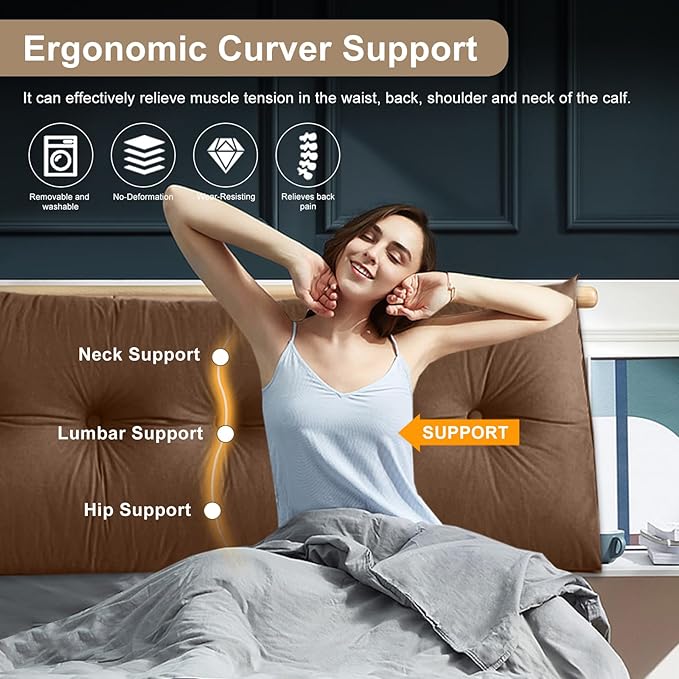 Large Triangular Headboard Pillows Long Backrest Positioning Support Bolster Cushion for Daybed Fluffy Quality Plush Body Wedge Pillow with Removable Cover(Dark brown-King-76x8x20in)