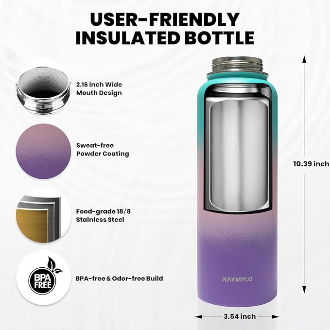 Insulated Water Bottle 40 oz, Triple Wall Vacuum Stainless Steel (Cold for 48 Hrs), Leak Proof & BPA-Free, Modern Water Flask Jug with Paracord Handle & Straw Spout Lids, Hydrangea