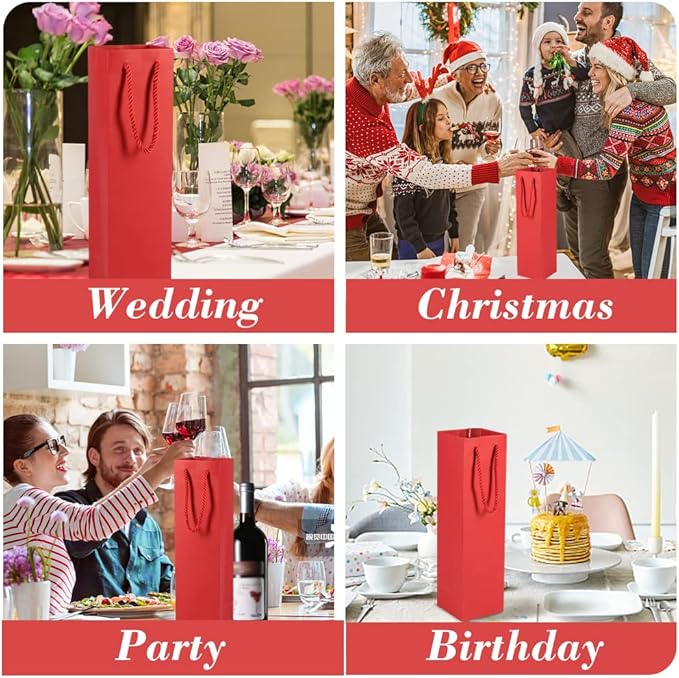 HRX Package Thick Kraft Paper Wine Tote Gift Bags for 1 Bottle, 12PCS Sturdy Paper Wine Gift Bags with Handles for Christmas, Party, Shopping, Retail Merchandise (Red)