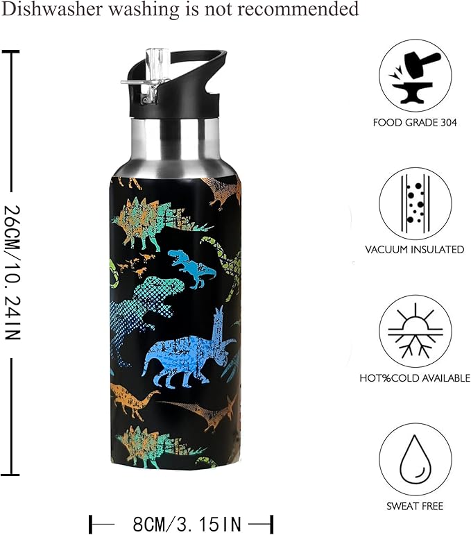 Cute Dinosaur Animal Sport Water Bottle with Straw, Vacuum Insulated Stainless Steel Thermal Drinking Travel Mug Cups For Gym Fitness Camping-17oz/500ml, Blue