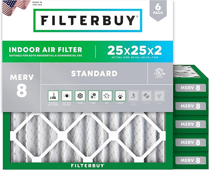 Filterbuy 25x25x2 Air Filter MERV 8 Dust Defense (6-Pack), Pleated HVAC AC Furnace Air Filters Replacement (Actual Size: 24.50 x 24.50 x 1.75 Inches)