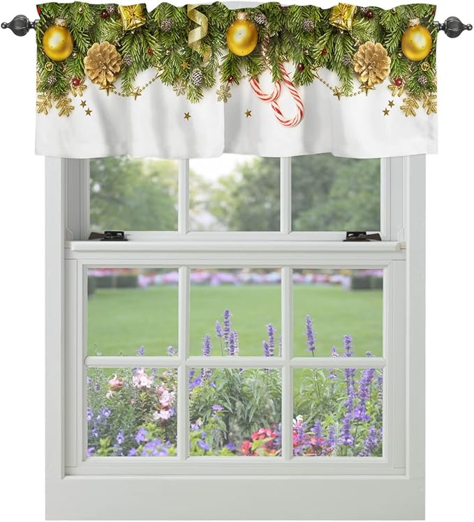 Christmas Kitchen Curtains Valances for Windows Pine Cones Rod Pocket Window Treatment for Kitchen/Living Room/Bedroom/Bathroom,42" X 18" -1 Panel, Golden Ornament Balls