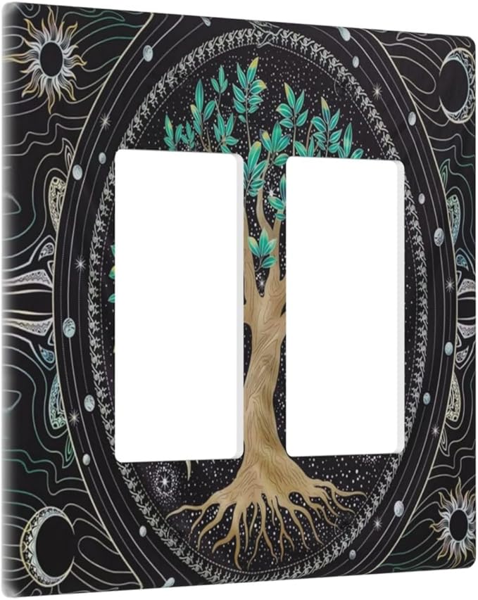 Tree of Life Blackground 2 Gang Rocker Decora Light Switch Cover Decorative Hippie Sun Moon Star Outlet Covers Wall Plate Electrical Faceplate Switchcovers GFCI for Bathroom Bedroom Livingroom Decor