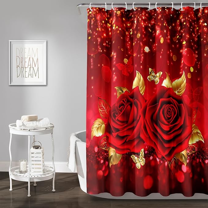 AILONEN Red Rose Shower Curtain for Bathroom,Romantic Rose Flower Waterproof Bath Curtain,Girls Women Curtain Bathroom Decor 72" W x 78" H with 12 Plastic Hooks