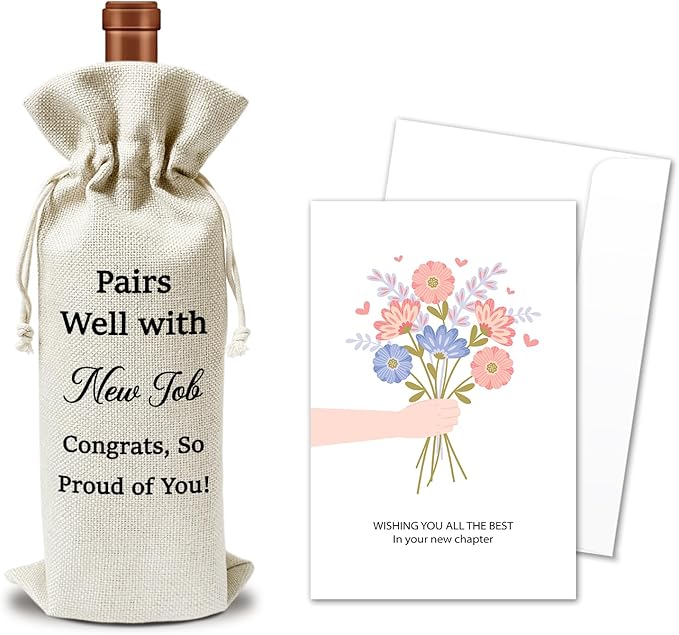 New Job Wine Gift Bags & Card, Congrats on New Job Gifts Promotion Gifts for Her Him Coworker Colleague, 1 pcs Reusable Burlap Wine Gift Bags for Wine Bottles, New Job Congratulations Party Favor -23