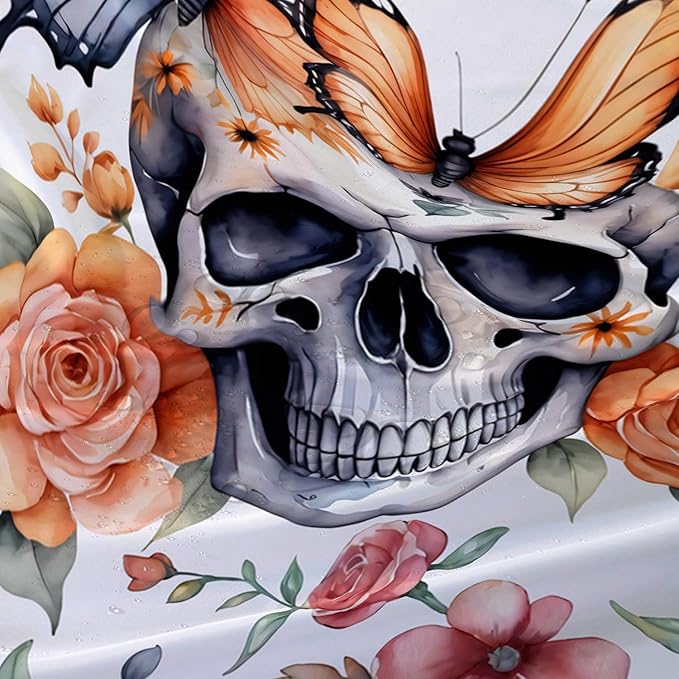 AILONEN 3D Sugar Skull Shower Curtain,Sunflower with Skeleton Design Shower Curtain Set with Hooks for Boys Girls,Butterfly Gothic Skull Waterproof Fabric Shower Curtain for Bathroom,60" W*72" H
