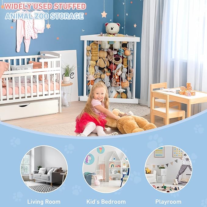 Corner Stuffed Animal Storage Zoo Stuffed Animal Holder Wooden Plush Storage Organizer Playroom Organization and Storage for Bedroom Nursery Room Organizer Plush Toys