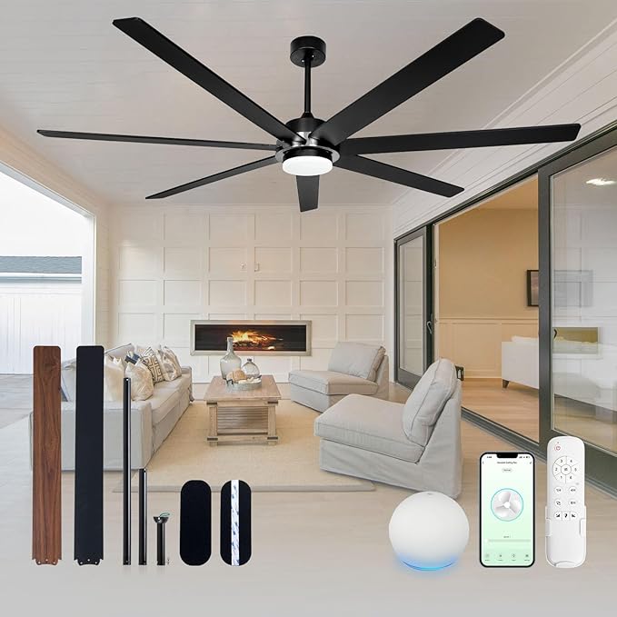 72" Black Smart Ceiling Fan with Light and Remote via WiFi Alexa APP Control,6 Speed Quiet DC Motor,Dimmable LED Light,7 Wood Blades Indoor Outdoor Ceiling Fans for Patios or Bedroom