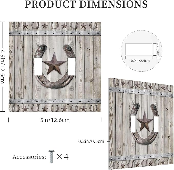 Rustic Western Wood Barn Door Horseshoe Iron Star Double Toggle Light Switch Covers 2 Gang Wall Plate Dual Decorative Switchplate Electrical Faceplate for Farmhouse Country Bedroom Decor