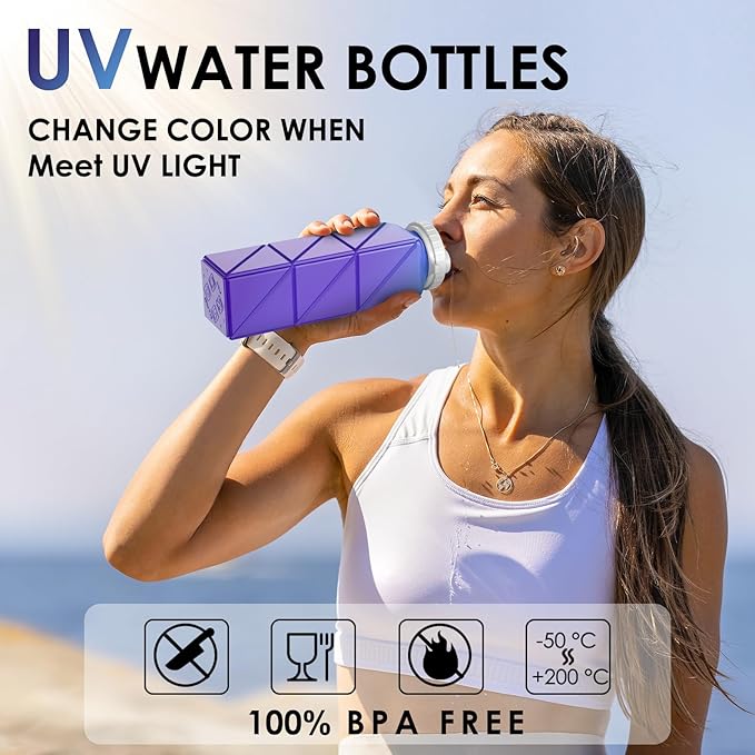 Collapsible Water Bottles,BPA-Free Leak-Proof Silicone Foldable Water Bottle Cup 20.6oz,Durable Lightweight Bottle for Gym Travel Camping Hiking Running (UV Discoloration)