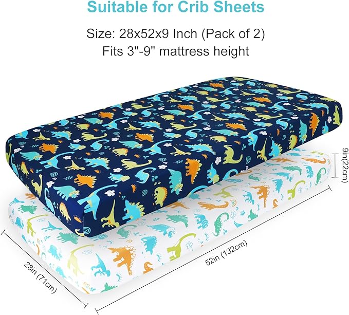 PHF Soft Crib Sheet Fitted, 2 Pack Baby Sheets for Boys Girls, 28x52x9in Fits Standard Crib and Toddler Mattresses, Silky Comfy Breathable Polyester Baby Mattress Sheets, Dinosaur