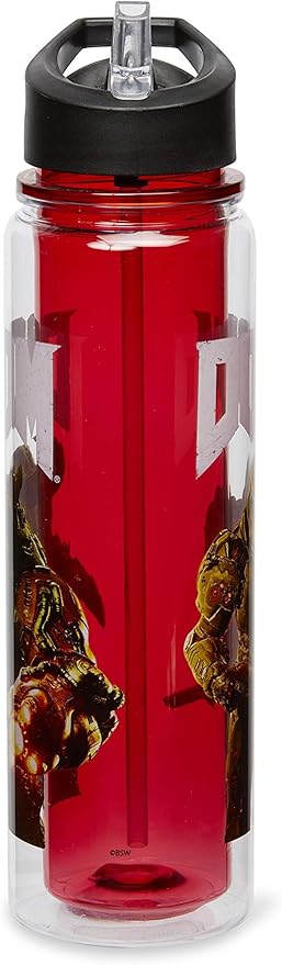 JUST FUNKY Official DOOM Cyberdemon Double Wall Plastic Water Bottle - 16-Ounce Container with Lid for Water, Tea, Coffee - Insulated Drinking Cup for Travel, Hiking Running - Licensed Merchandise