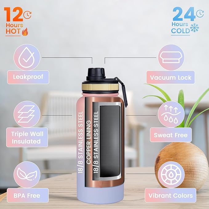 Water Bottle 32oz, Triple Walled Insulated Stainless Steel Reusable Bottle, Silicone Sleeve, Cleaning Brush, 2 Lids (Spout lid & Straw lid w/2 straw), Metal Mug Gallon, BPA Free, Pinky