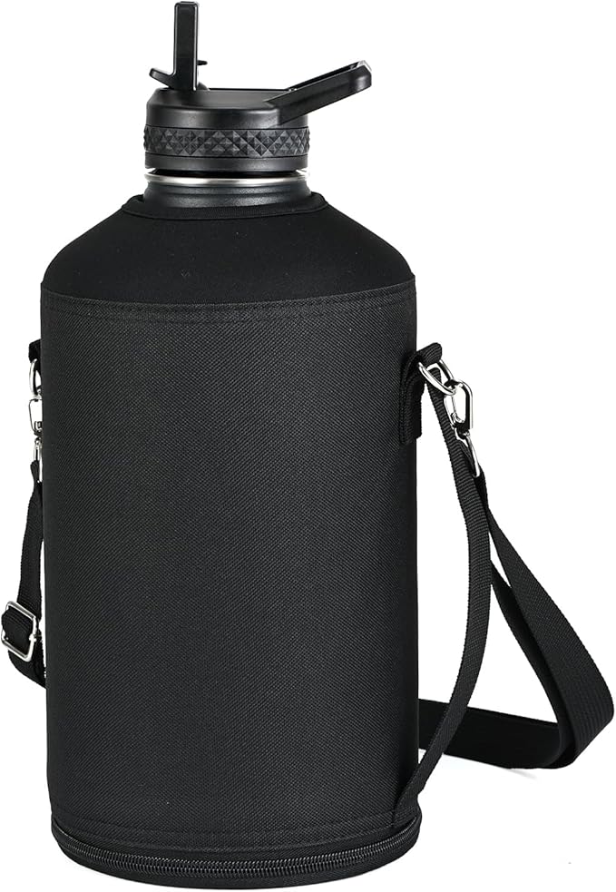 Water Bottle Holder Carrier Bag Crossbody with Adjustable Shoulder Strap, 64 128 oz Sports Water Bottle Sleeve Accessories for Biking Hiking Travelling Camping, Black