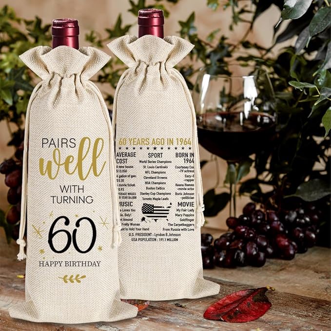 yaanunulu 60th Birthday Gifts for Women Men, 60 Years Old Birthday Wine Bag Gifts, 60th Birthday Decorations, 1964 Birthday Gift, Happy 60th Birthday Party Wine Bag Gifts, Pairs Well With Turning 60