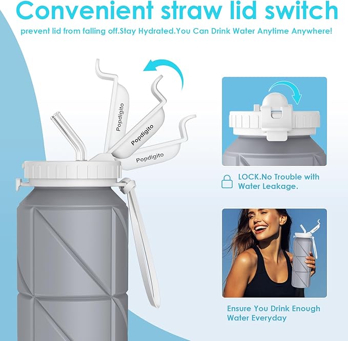 690ML Collapsible Water Bottles Reusable Leak Proof Silicone Water Bottle BPA Free Durable Foldable Sports Bottles & straw 23oz Lightweight Bottle for Gym Hiking Biking Camping Travel Bottle