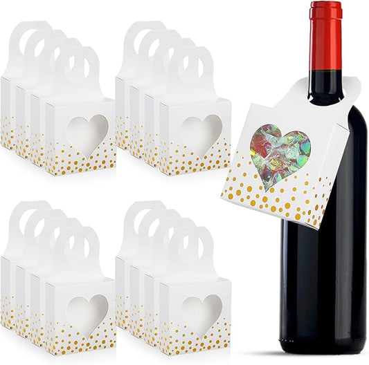 ISKYBOB 25 Pieces Wine Bottle Box with Window, Gold Foil Wine Boxes for Gifts Hanging Wine Bottle Gift Box Foldable Wine Bottle Hanger Favor Box for Holding Candy Truffles Chocolate Cookies (White)