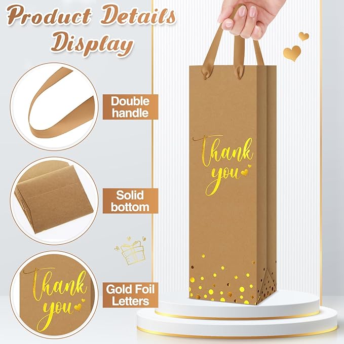 Ctosree 30 Pcs Wine Gift Bag for Wine Bottle Wedding Wine Thank You Gift Bag with Metallic Gold Foil Print Kraft Wine Paper Favor Bag with Attractive Rope Handle for Graduation Bottle(Brown)