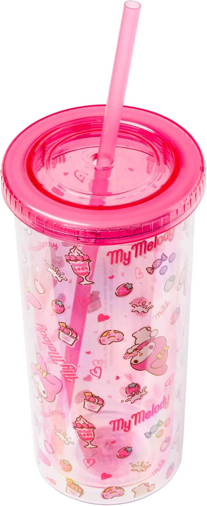 Silver Buffalo Sanrio Hello Kitty and Friends My Melody Strawberry Donut and Milkshake Pattern Plastic Cold Cup with Lid and Straw, 20 Ounces
