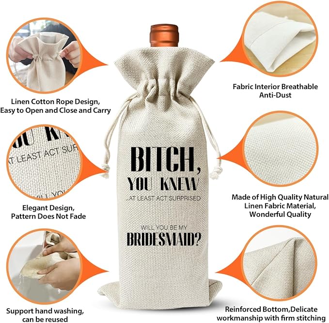 Bridesmaids Proposal Wine Bag Gift For BFF Best Friend, Wedding or Engagement Gift, Maid of Honor Proposal Ideas, Wedding Party or Bachelorette Party or Bridal Shower Party Favor Supply Gift