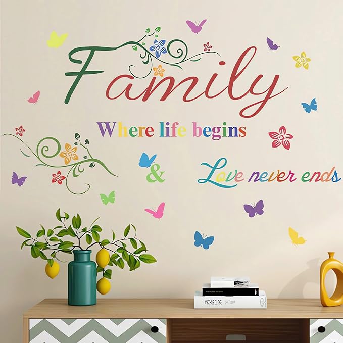 Family Wall Sticker, Inspirational Wall Decor Home Wall Decoration Warm Quotes Sticker Waterproof Removable Butterfly Sticker Letter Word Decal for Bedroom Dining Room Kitchen Wall Art Decor(Colorful)