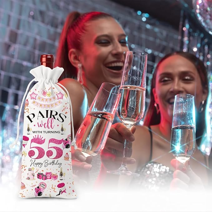 55th Birthday Gifts for Women Men Wine Bag, 55 Year Old Birthday Gifts for Women Men, 55th Birthday Party Decorations for Women Men, Pairs Well with Turning 55 Wine Bags (White Pink)