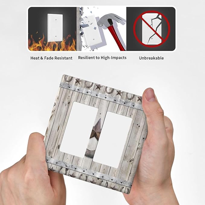 Rustic Western Wood Barn Door Horseshoe Iron Star 2 Gang Rocker Decora Light Switch Covers Dual Outlet Covers Wall Plate Decorative Switchplate Electrical Faceplate GFCI for Farmhouse Bedroom