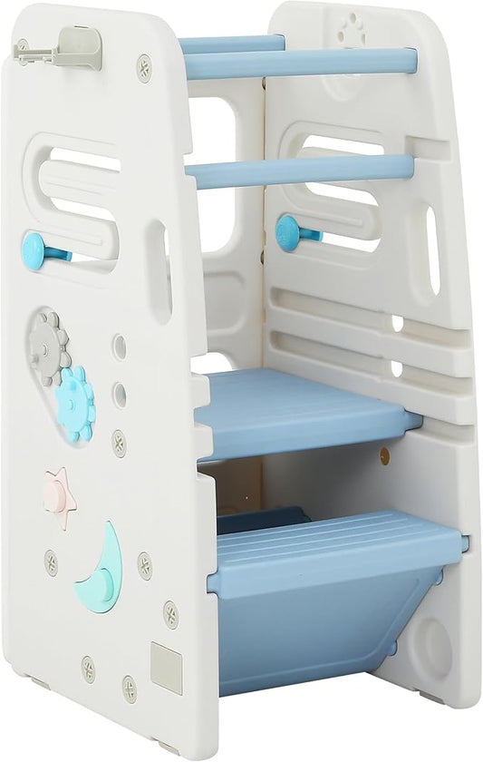 SDADI Multifunctional Toddler Tower with Double Safety Rails - Adjustable & Non-Slip for Kitchen and Bathroom Use - Montessori Step Stool for Kids, Beige and Baby Blue