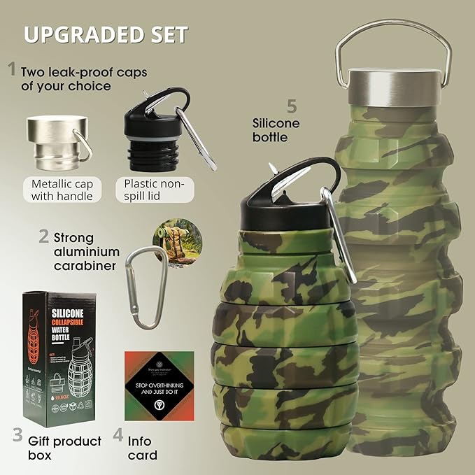 Collapsible Water Bottle 19.6oz/580ml (Woodland Camo) - 2 Lids, Carabiner, Gift Box - Leak Proof Silicone Gym Water Bottles Army - Military Veterans Day Gifts for Him - Hiking & Camping Accessories