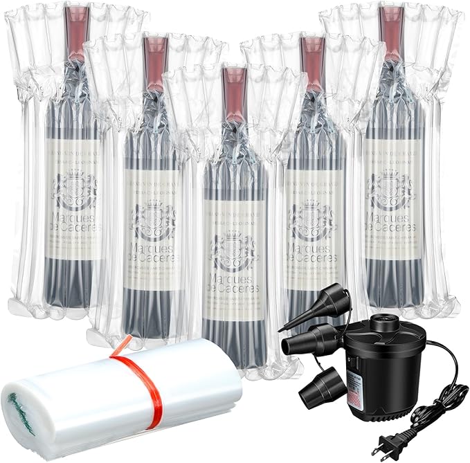 300 Pcs Wine Bottle Travel Protector Bags, Inflatable Air Column Packaging Bubble Bag with Reusable Inflator Pump, Reusable Wine Bottle Protector Air Cushion Bags for Travel Shipping