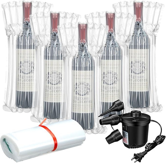300 Pcs Wine Bottle Travel Protector Bags, Inflatable Air Column Packaging Bubble Bag with Reusable Inflator Pump, Reusable Wine Bottle Protector Air Cushion Bags for Travel Shipping