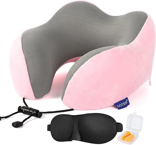GOTDYA Travel Pillow,Travel Neck Pillows for Sleeping,100% Pure Memory Foam Soft Comfort & Support Pillow for Airplane/Car/Office&Home Rest Use-Pink