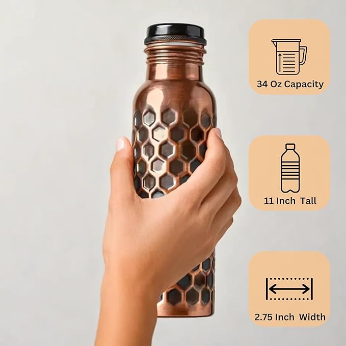 Copper Water Bottle - Antique Finish Ayurvedic Pure Copper Drinking Vessel, Water Lid Bottle Best for Camping, Hiking, Office, Gym, Yoga Travel, Outdoor 34 Oz