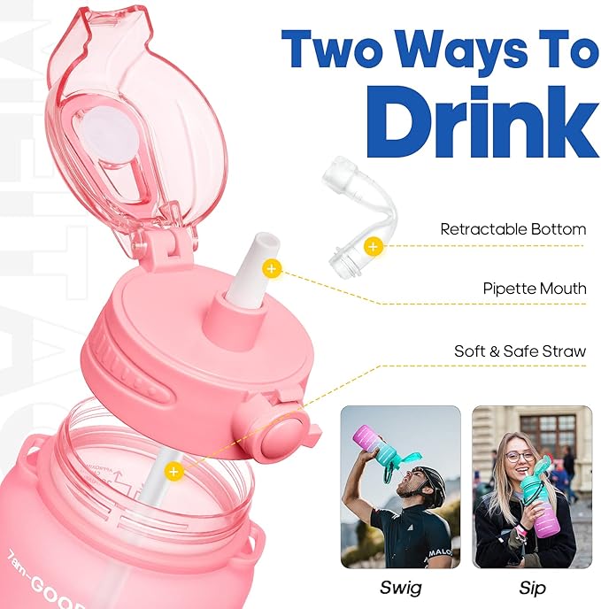 Water Bottles 1 / Half Gallon with Time Marker and Straw, Large Fitness Sports Motivational Bottle, Wide Mouth Leakproof and BPA Free for Travel, Gym,office,school