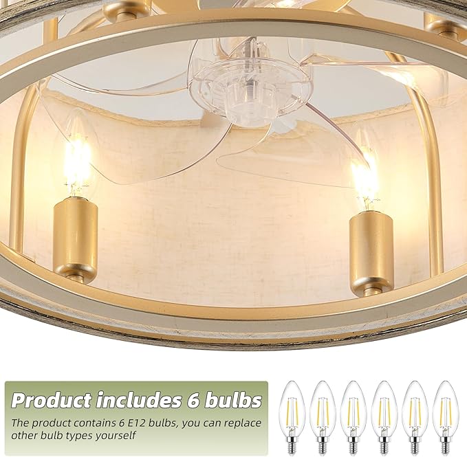 20 Inch Gold Crystal Ceiling Fan with Light, Caged Crystal Ceiling Fan with Light Remote Control, Flush Mount with 6 Speeds for Bedroom, Nursery, Living Room (6 E12 Bulb Includ) (Gold)