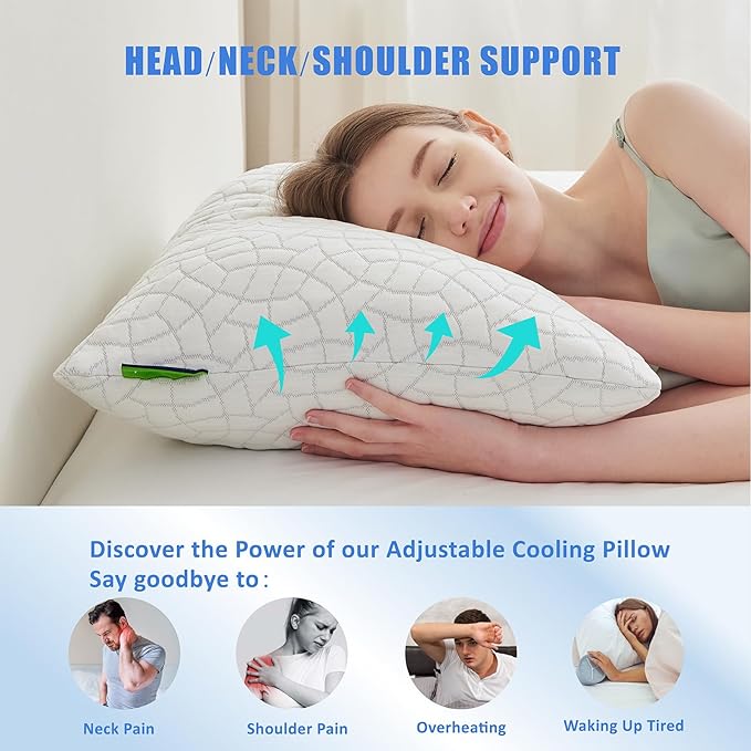 Cooling Pillows for Sleeping, Shredded Memory Foam Pillows 2 Pack, Bed Pillows Queen Size Set of 2, Adjustable Loft Soft or Firm Pillow for Side Back Stomach Sleepers with Cooling Cover