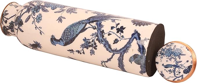 Pure Copper Water Bottle - Handcrafted - Ayurveda health benefits - Large 35 oz - Leak proof, Easy to carry for Sports, Fitness, Yoga, School - White Base Indigo Blue Floral Peacock Enamel