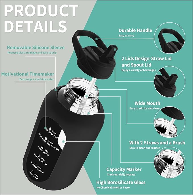 CIVAGO 64 oz Glass Water Bottle Jug with Straw and Handle, Half Gallon Sports Motivational Water Bottle with Time Marker, Large Water Flask Canteen with Silicone Sleeve for Gym,Army Green