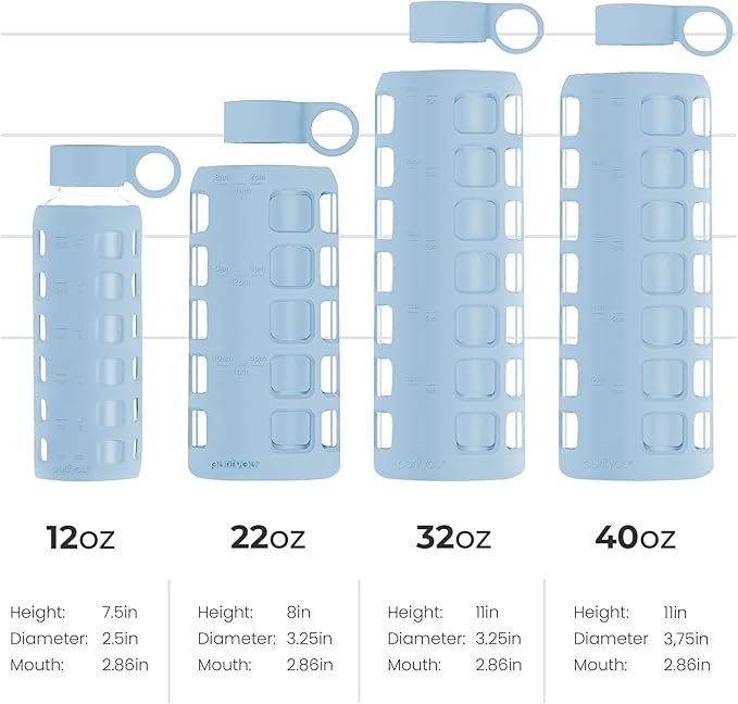 purifyou Premium 40/32 / 22/12 oz Glass Water Bottles with Volume & Times to Drink, Silicone Sleeve & Stainless Steel Lid Insert, Reusable Bottle for Fridge Water, Milk, Juice (12oz Ice Blue)