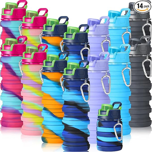 Sunnyray 14 Pack Collapsible Water Bottles 17oz Silicone Portable Water Bottle Bulk Foldable Leak Proof Water Bottle Reusable Camouflage Sports Bottles with Clip for Travel Hiking Camping Outdoor