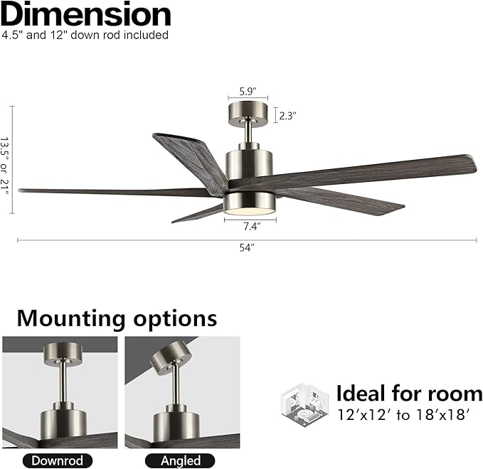 WINGBO 54 Inch DC Ceiling Fan with Lights and Remote Control, 5 Reversible Carved Wood Blades, 6-Speed Noiseless DC Motor, Modern Ceiling Fan in Brushed Nickel Finish with Gray Blades, ETL Listed