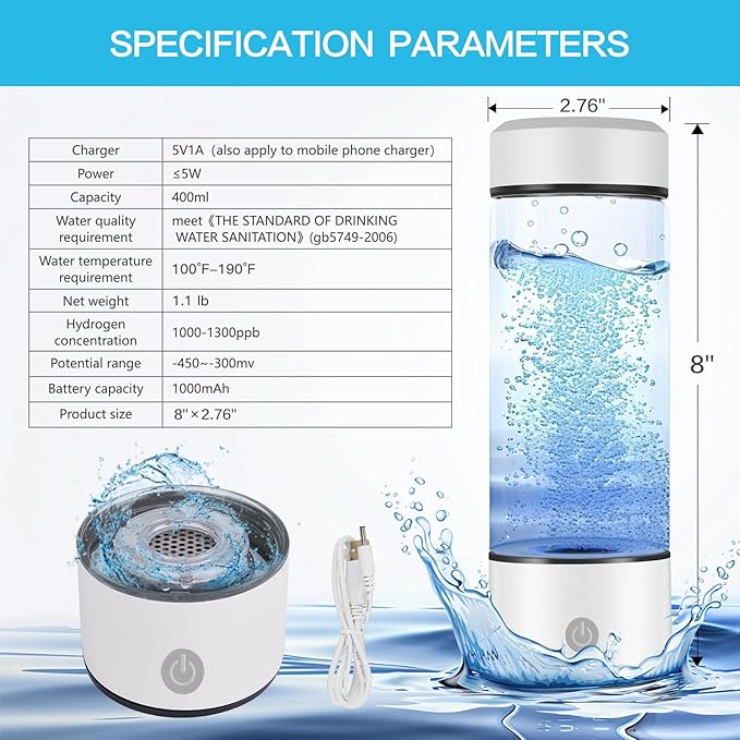 White 400ml Hydrogen Water Bottle High Hydrogen Concentration Generator Purifier Quantum Health Filter with SPE PEM Technology AY007