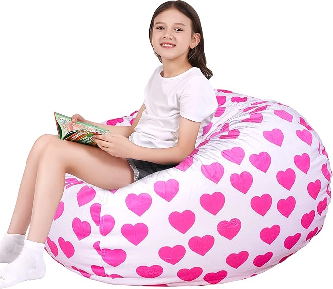 Lukeight Stuffed Animal Storage Bean Bag Chair Cover for Kids, Zipper Beanbag Chair Cover for Organizing Toddler and Kids' Rooms Plush Toys (Heart Velvet, X-Large)