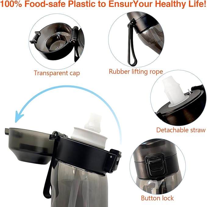 Water Bottle with 7Pcs Air Flavor Pods, Air Bottle Pods Water Bottle, Flavor Caps with Water Bottle, Fruit Scent Pods for Outdoor Sport(Black-7 Pods)