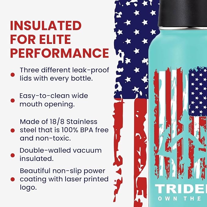 American Flag Water Bottle, 32 oz Insulated Water Bottle, Reusable Water Bottle with Straw, Leak Proof Water Bottles, Thermos Water Bottle - Combat Veteran Small Business (Teal, 32 Oz)