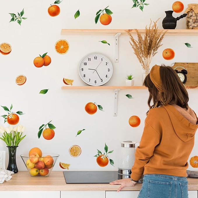 Fruit Orange Wall Decals，Orange Wall Stickers，Tangerine Fruit and Leaves Decal，Vinyl Wall Decals for Bedroom Living Room Nursery Wall Decor Wall Art(Orange)