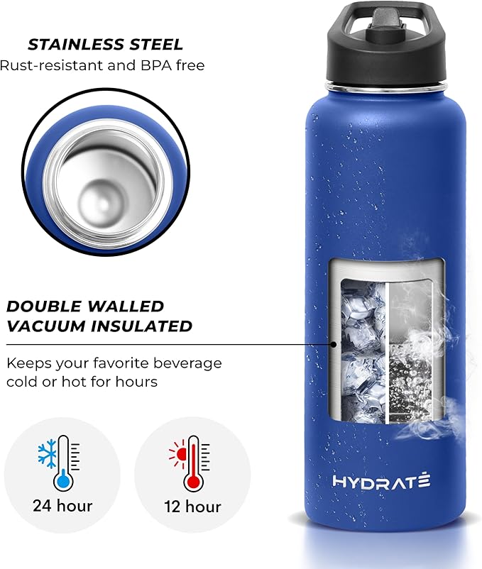 HYDRATE Insulated Stainless Steel Water Bottle - Large Reusable Flask with Leak-Proof Design and Convenient Handle - Double Vacuum Insulation for School, Work, or Adventure